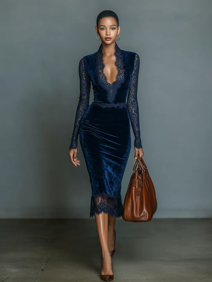 Robe midi en velours portée de face, coupe ajustée
