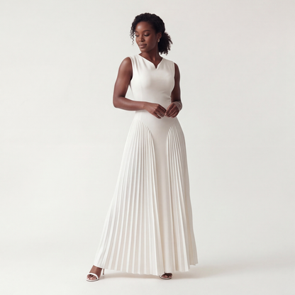 Gaudine | Robe Longue Plissée Col V Taille Structurée