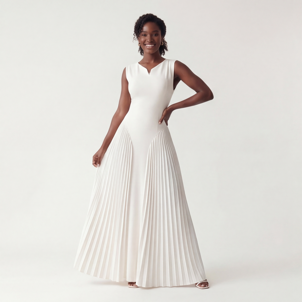 Gaudine | Robe Longue Plissée Col V Taille Structurée
