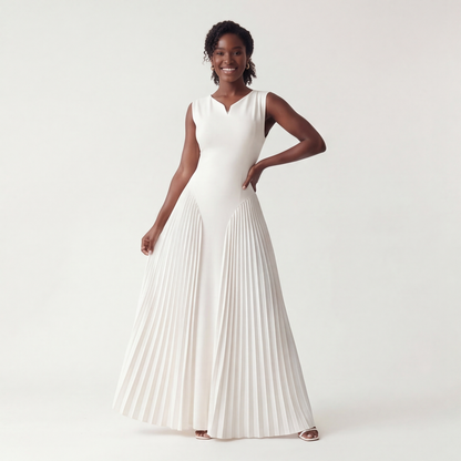 Gaudine | Robe Longue Plissée Col V Taille Structurée