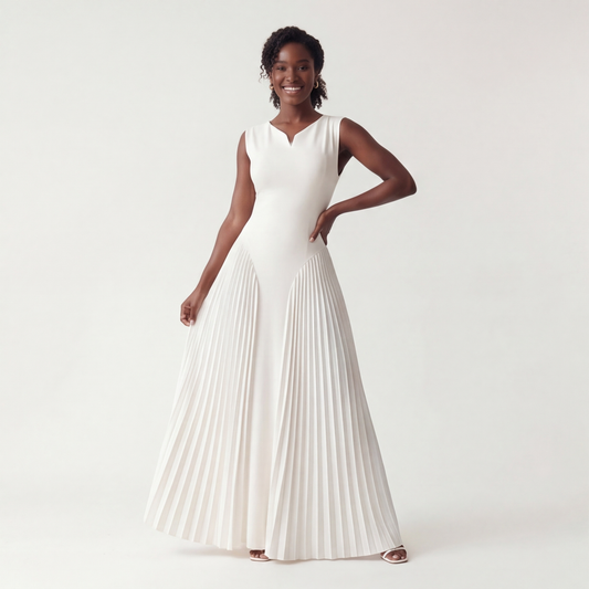 Gaudine | Robe Longue Plissée Col V Taille Structurée