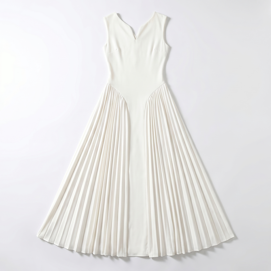 Gaudine | Robe Longue Plissée Col V Taille Structurée