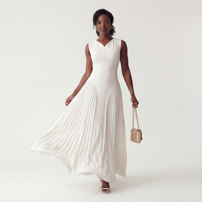 Gaudine | Robe Longue Plissée Col V Taille Structurée