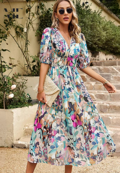 Aurélienne | Robe Midi Fleurie Col V pour Mariage Invitée