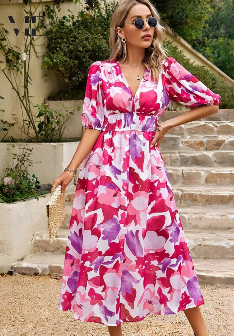 Aurélienne | Robe Midi Fleurie Col V pour Mariage Invitée