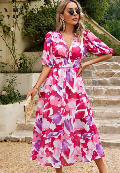 Aurélienne | Robe Midi Fleurie Col V pour Mariage Invitée
