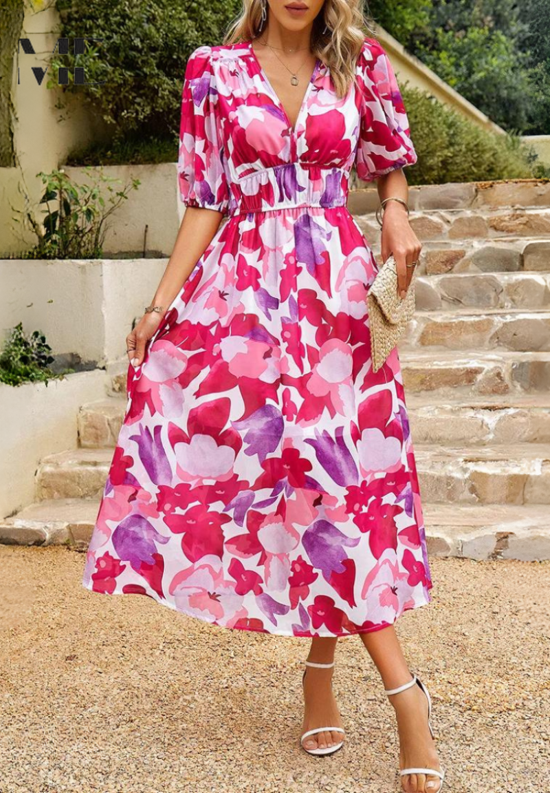 Aurélienne | Robe Midi Fleurie Col V pour Mariage Invitée