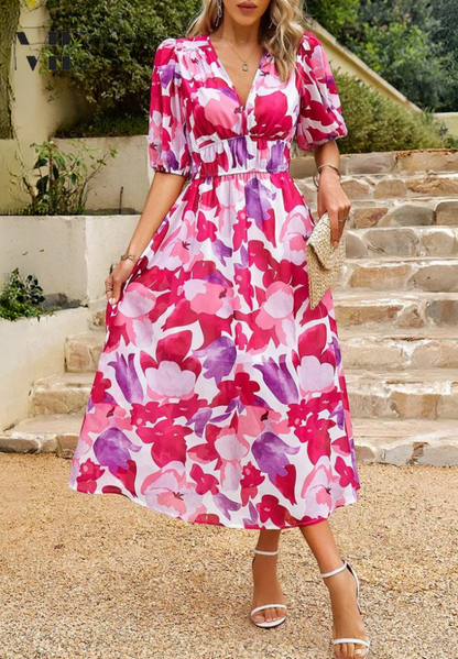 Aurélienne | Robe Midi Fleurie Col V pour Mariage Invitée