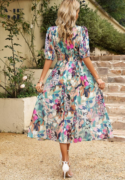 Aurélienne | Robe Midi Fleurie Col V pour Mariage Invitée