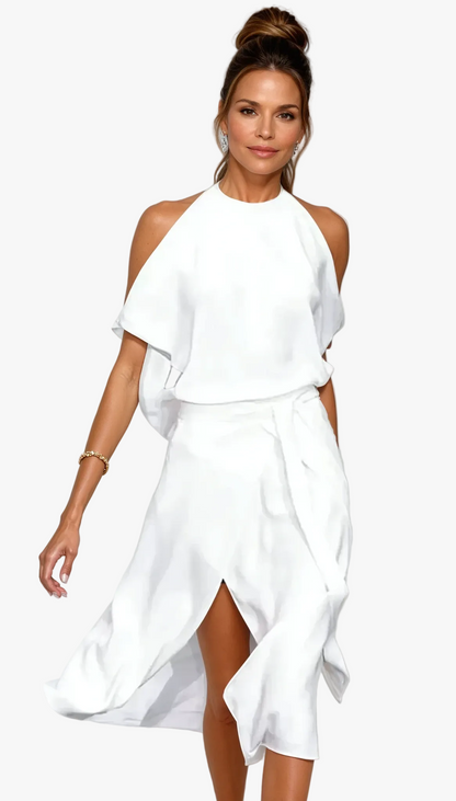 Eudeline | Robe Midi Portefeuille Col Halter Fendue