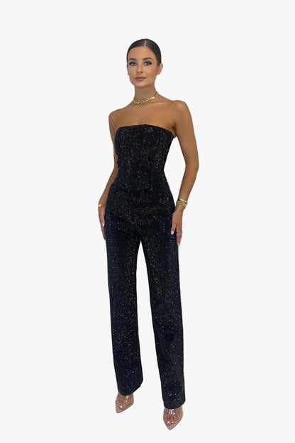 Jacquine | Combinaison Denim Bustier Strass à Poches