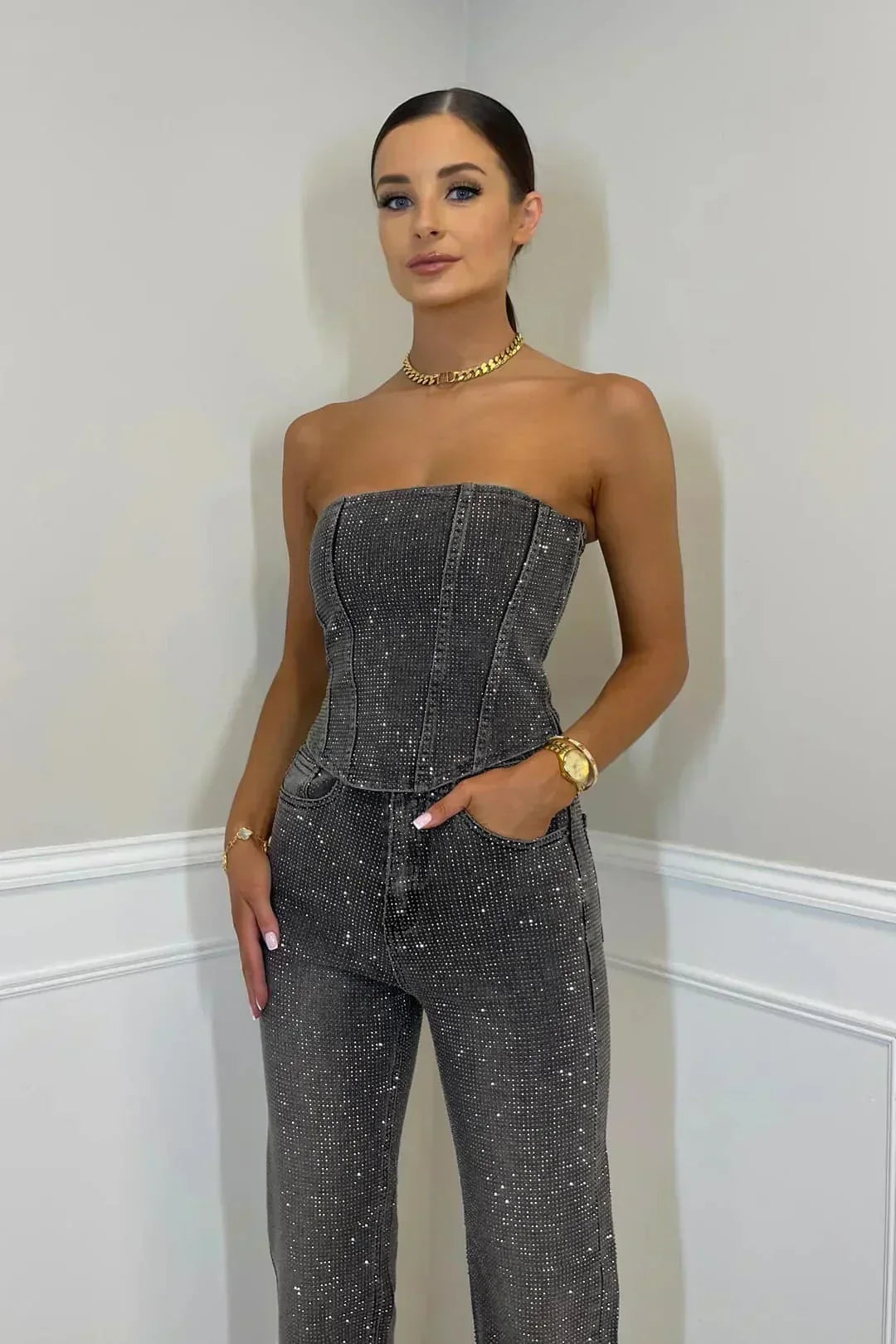 Jacquine | Combinaison Denim Bustier Strass à Poches
