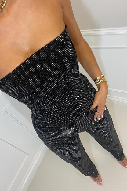 Jacquine | Combinaison Denim Bustier Strass à Poches