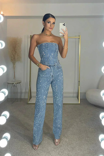 Jacquine | Combinaison Denim Bustier Strass à Poches