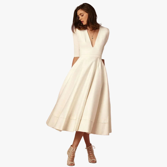 Ysoline | Robe Midi Plissée Col V Manches Coudes