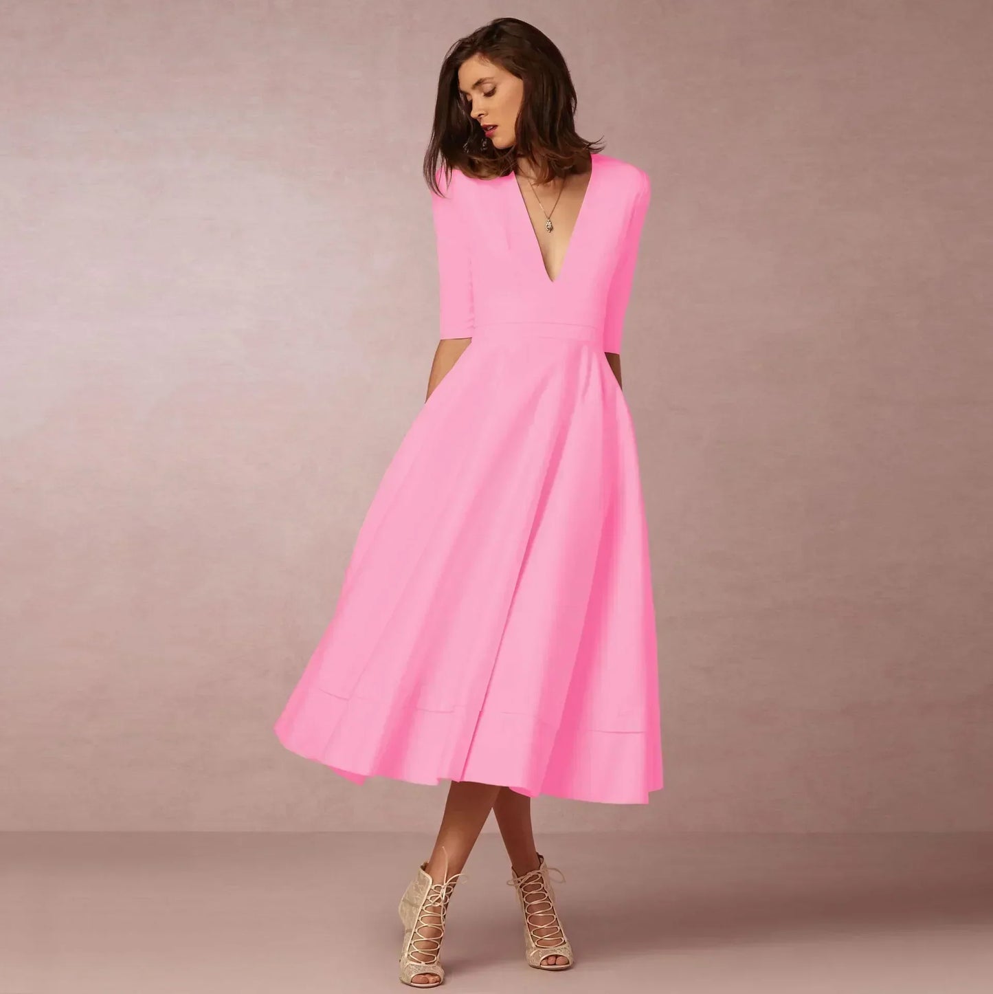 Ysoline | Robe Midi Plissée Col V Manches Coudes