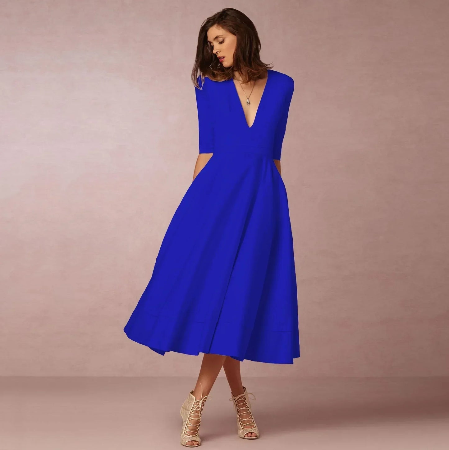 Ysoline | Robe Midi Plissée Col V Manches Coudes