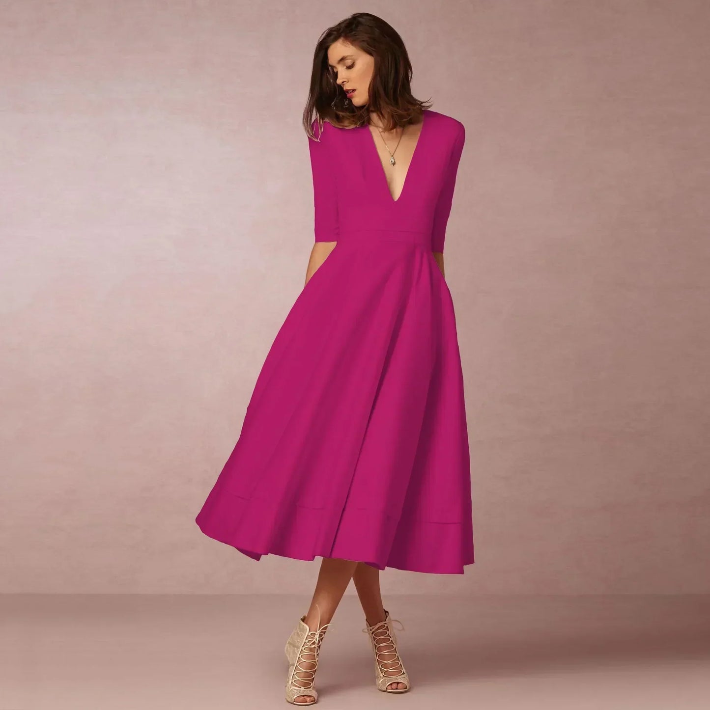 Ysoline | Robe Midi Plissée Col V Manches Coudes