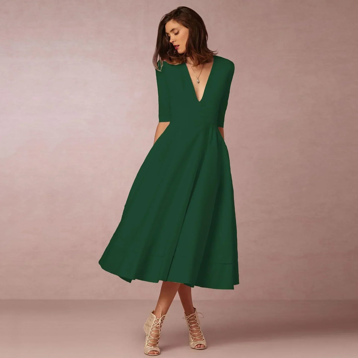 Ysoline | Robe Midi Plissée Col V Manches Coudes