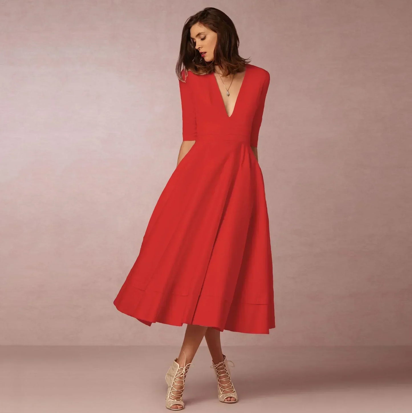 Ysoline | Robe Midi Plissée Col V Manches Coudes