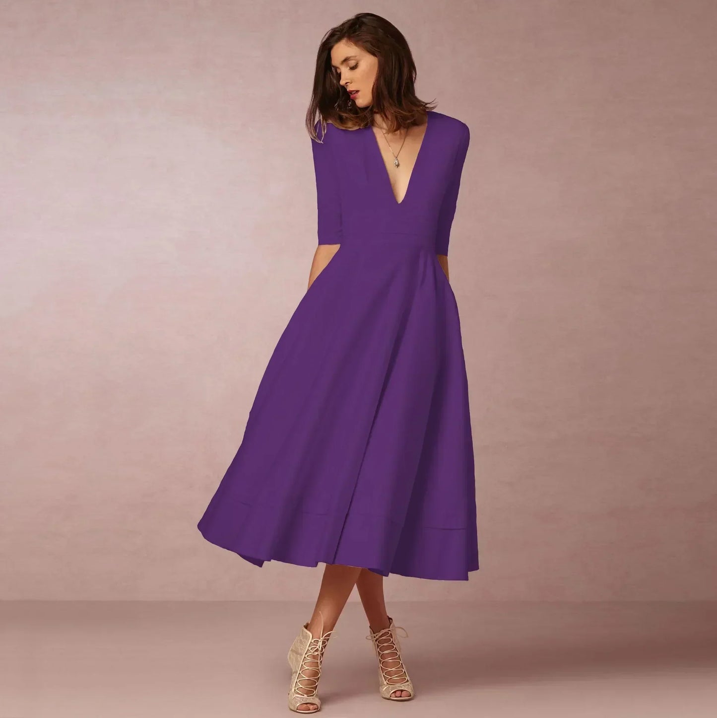 Ysoline | Robe Midi Plissée Col V Manches Coudes