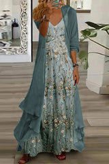 Ensemble robe longue fleurie verte et gilet long assorti