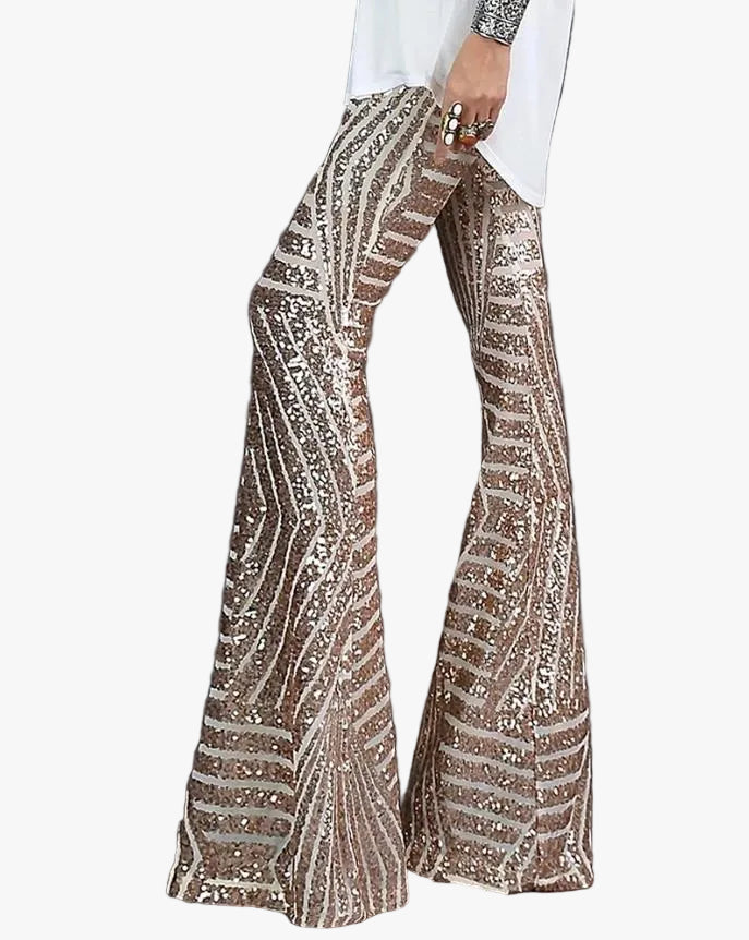 Pantalon évasé femme à sequins, taille élastique et jambe fluide
